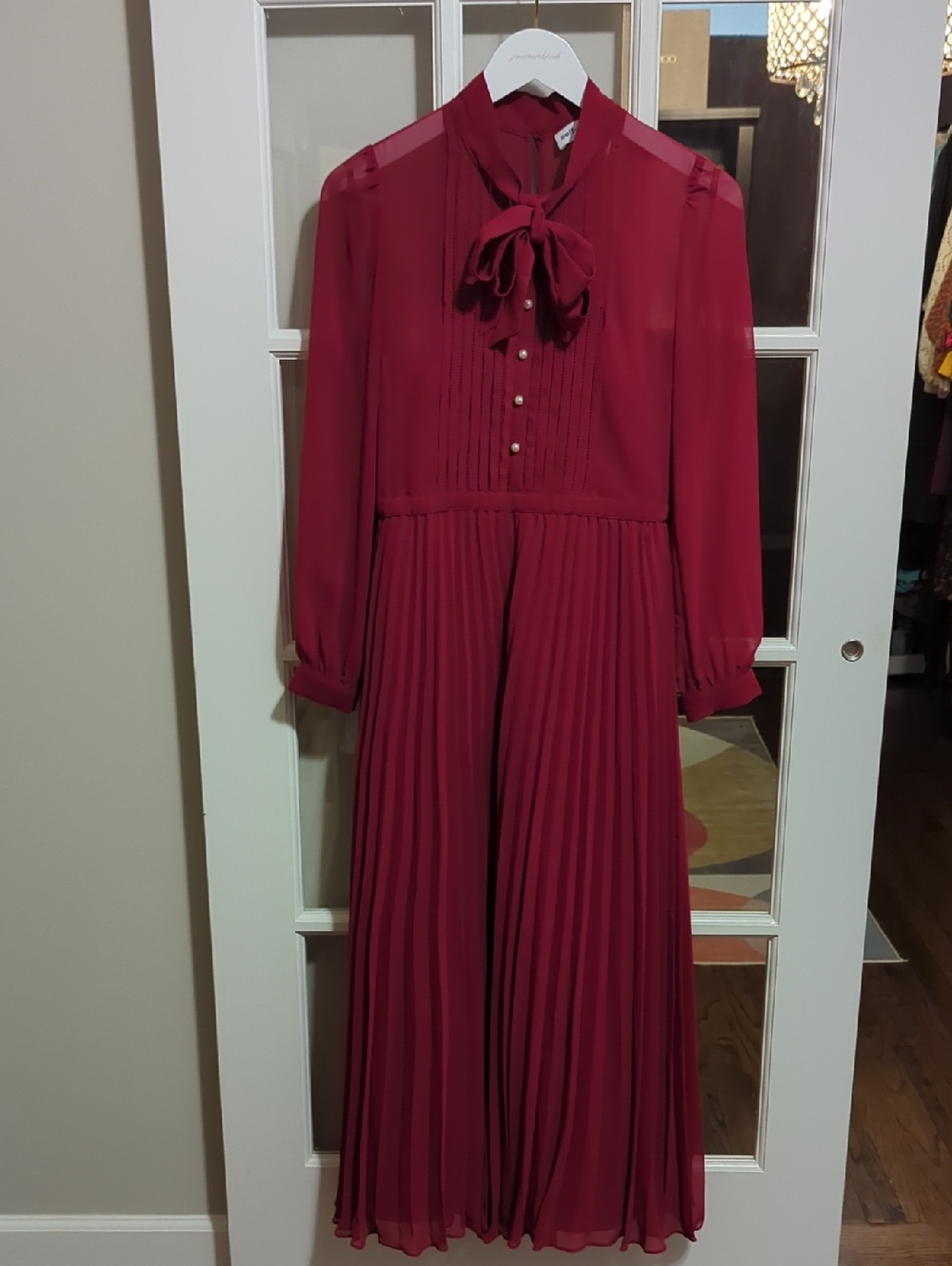 Self-Portrait Pink Chiffon Long-Sleeve Pleated Midi Dress with Bow Neck